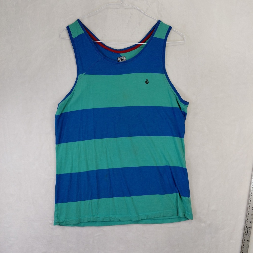 Volcom Mens Striped Tank Top Blue Teal Green Size M Skater Surf Sleeveless Shirt